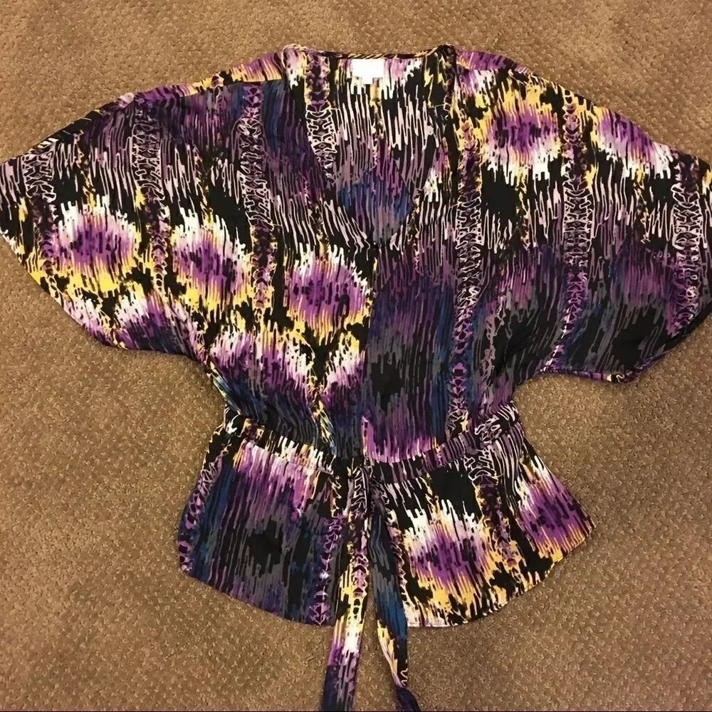 Parker Printed Silk Cinched Waist Tunic Blouse Deep V-Neck Purple & Black Small